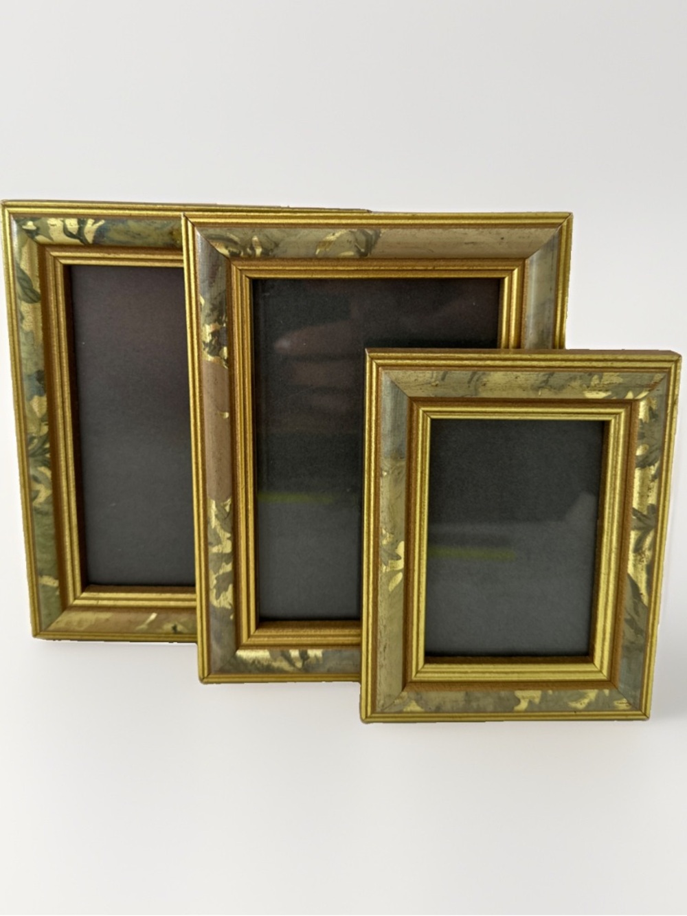 SET OF 3 VINTAGE GOLD MARBELED Floral WOOD PHOTO Frame Holds 3.5x5 & 2.5X3.5